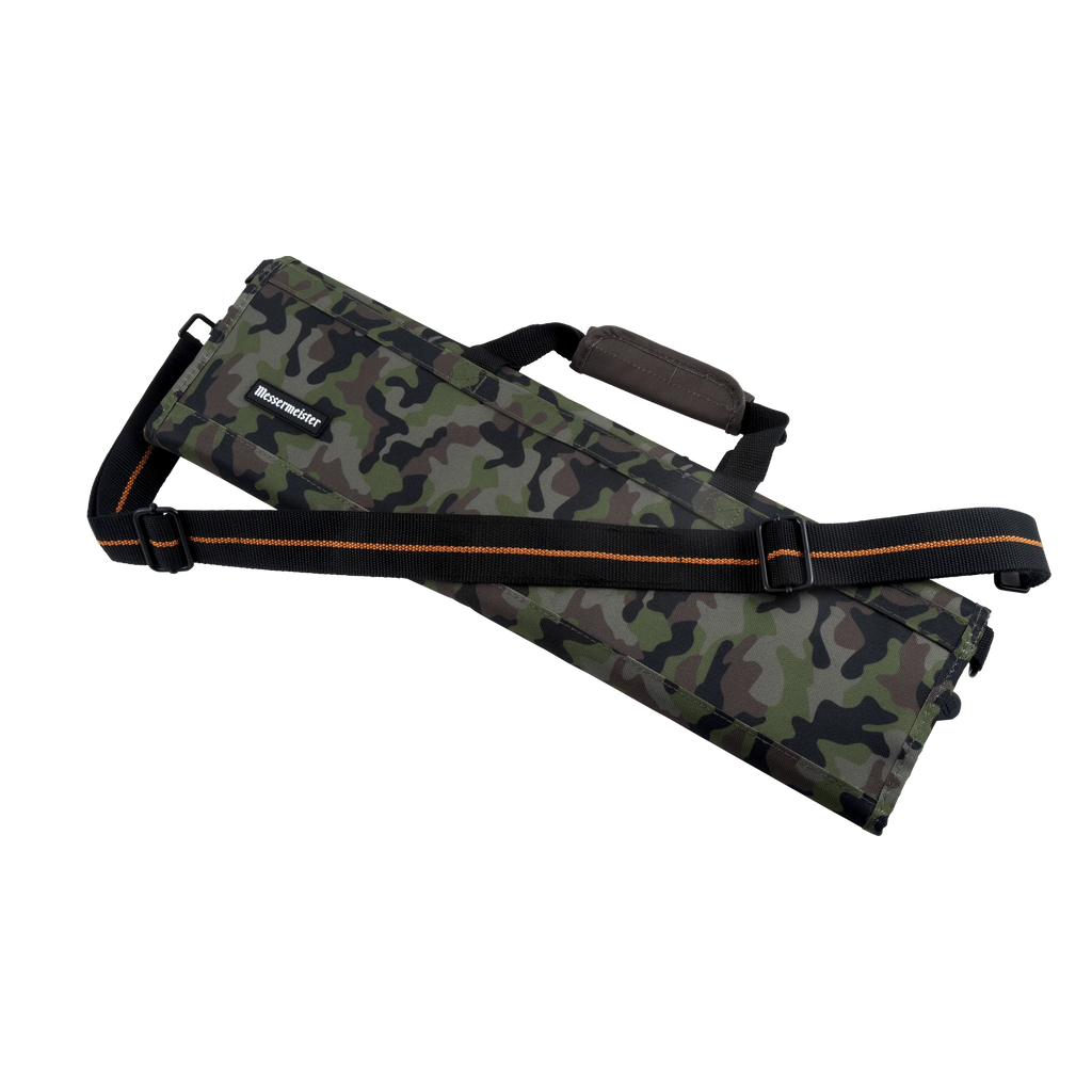 Camouflage knife roll with orange accents on a white background