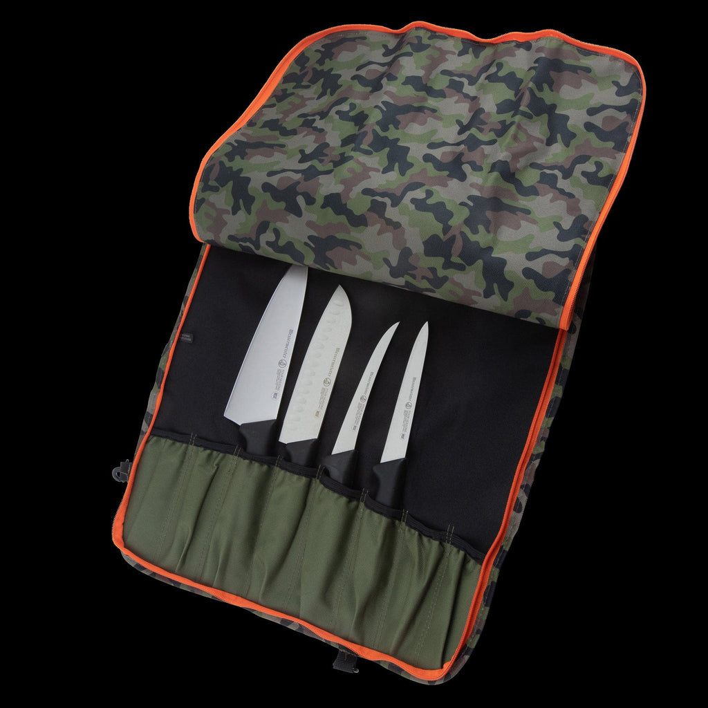 Camouflage knife roll showing interior sheathing 4 knives.