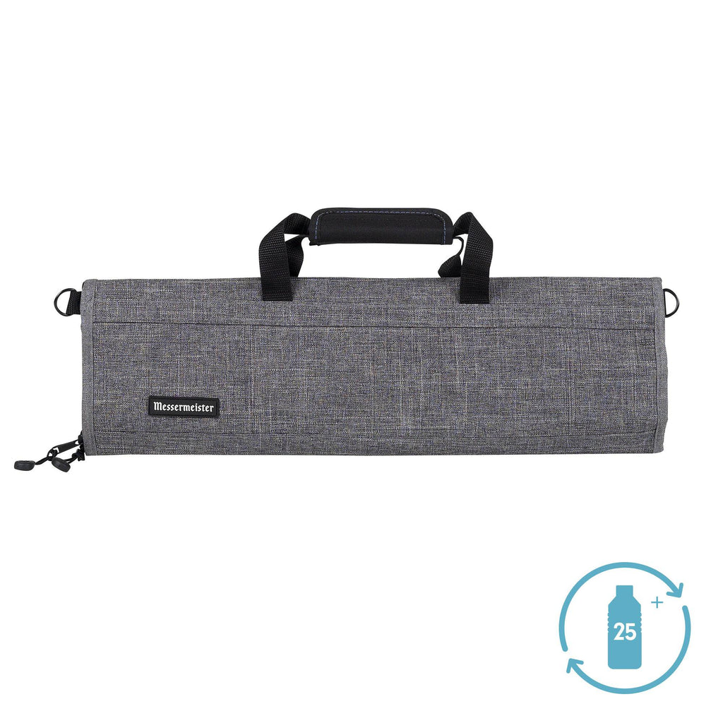 Gray fabric knife roll with black handle on a white background, featuring a Messemeister brand logo and recycling icon.