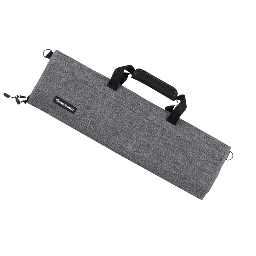 Gray fabric knife roll with black handles on a white background.