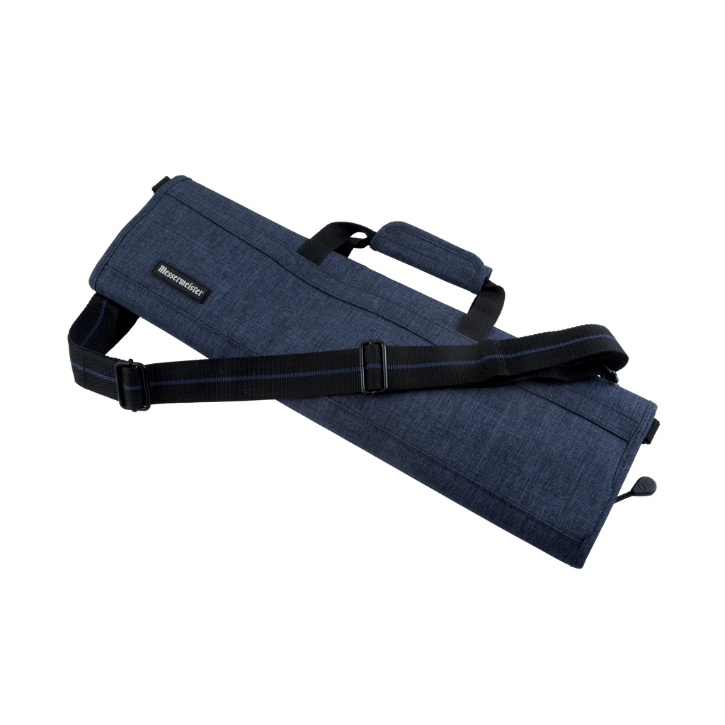 Navy Blue knife carrier bag with black strap on a white background.