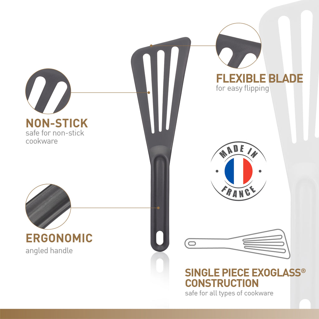 Grey exoglass high temp slotted spatula with features highlighted on a white background