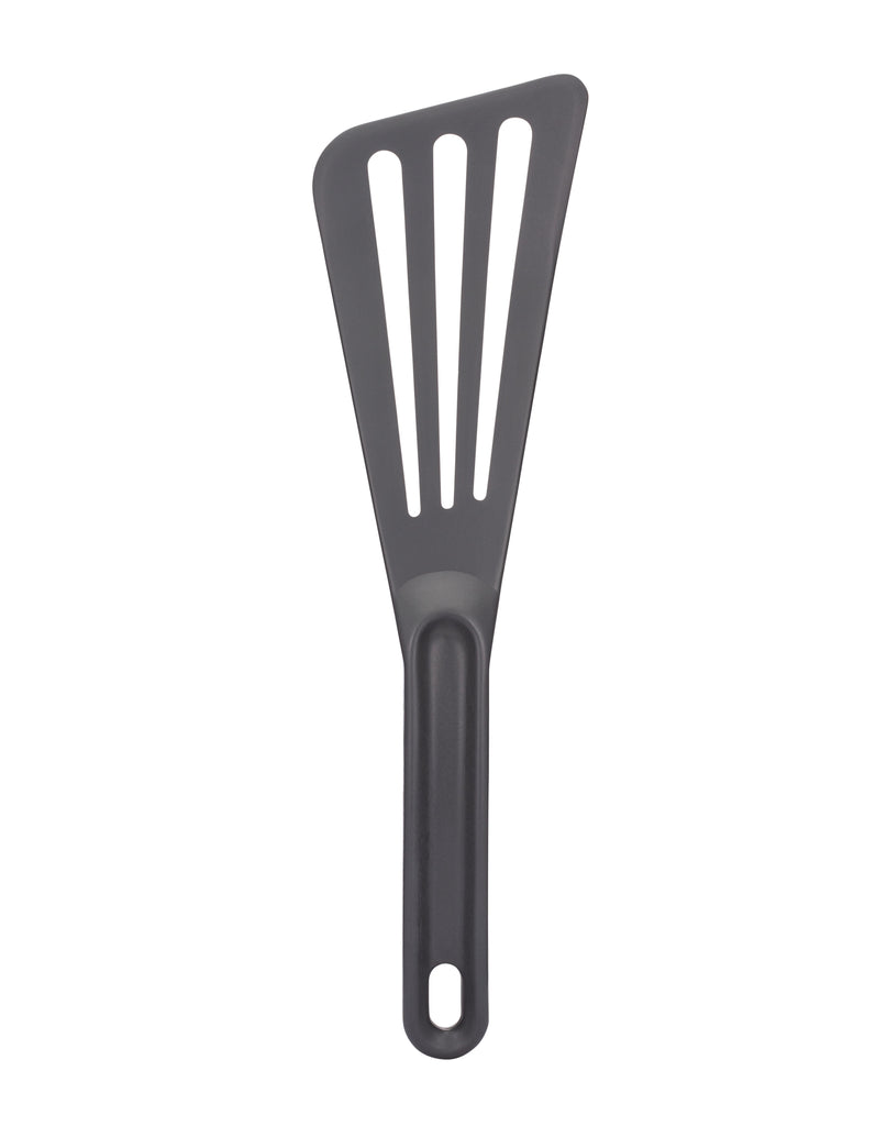 Grey slotted spatula on a white background.