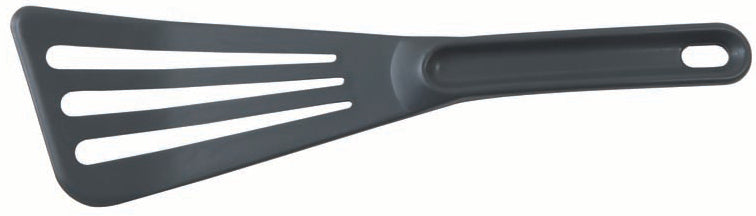 Gray slotted spatula on a white background
