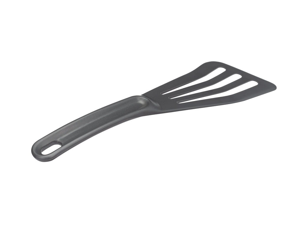 Gray slotted spatula on a white background