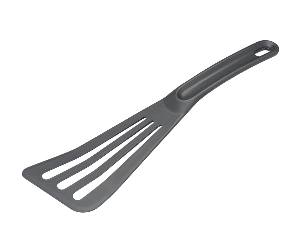 Gray slotted spatula on a white background